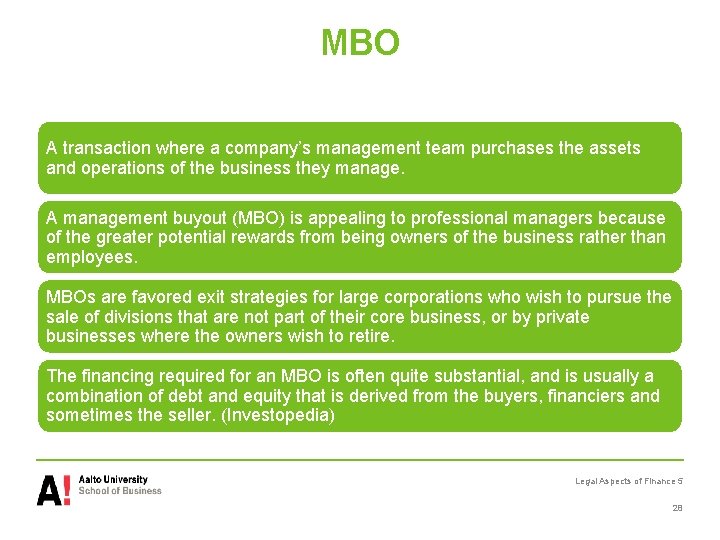 MBO A transaction where a company’s management team purchases the assets and operations of