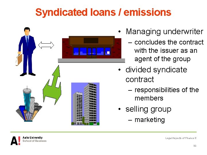 Syndicated loans / emissions • Managing underwriter – concludes the contract with the issuer