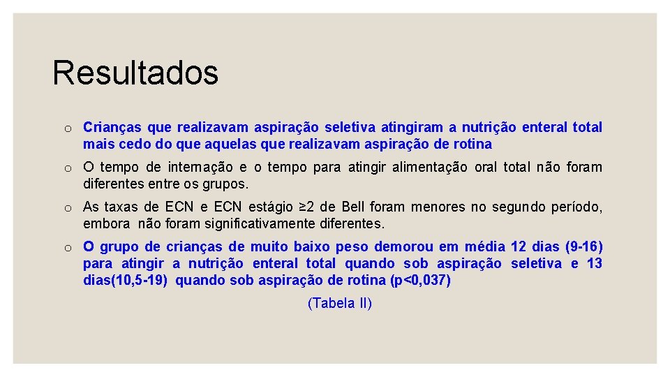 Resultados o Crianças que realizavam aspiração seletiva atingiram a nutrição enteral total mais cedo