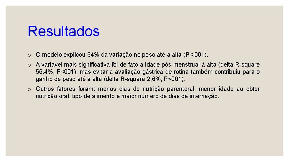 Resultados o O modelo explicou 64% da variação no peso até a alta (P<.