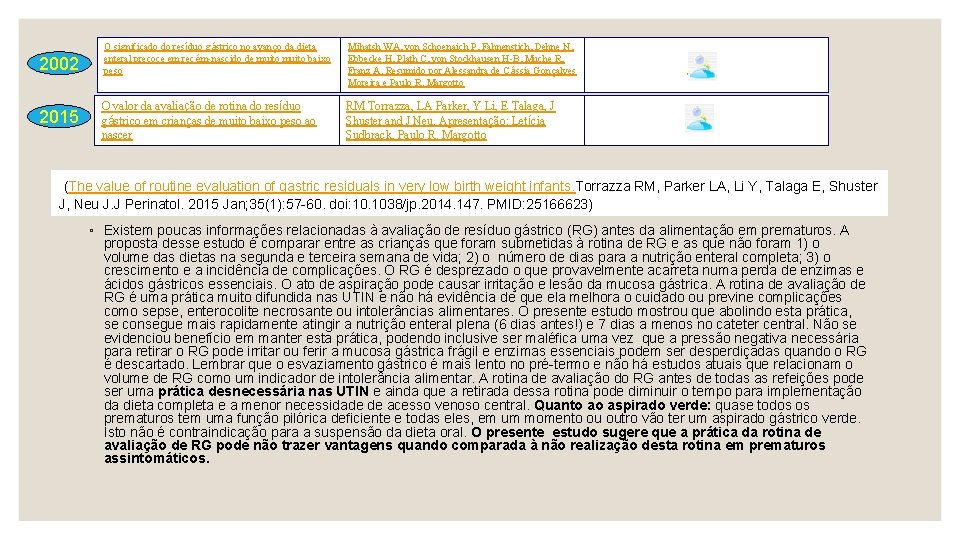 2002 O significado do resíduo gástrico no avanço da dieta enteral precoce em recém-nascido