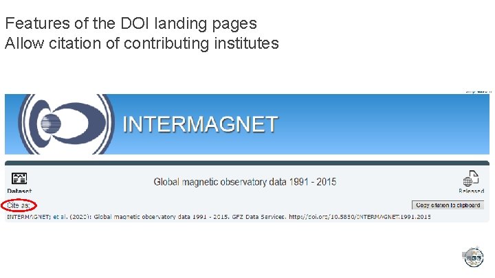 Features of the DOI landing pages Allow citation of contributing institutes 