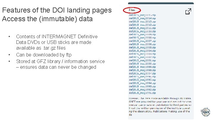 Features of the DOI landing pages Access the (immutable) data • • • Contents