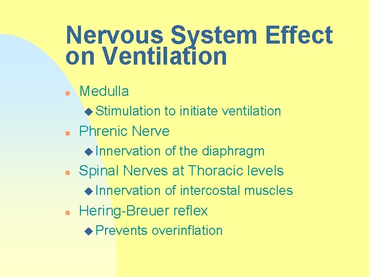 Nervous System Effect on Ventilation n Medulla u Stimulation n Phrenic Nerve u Innervation