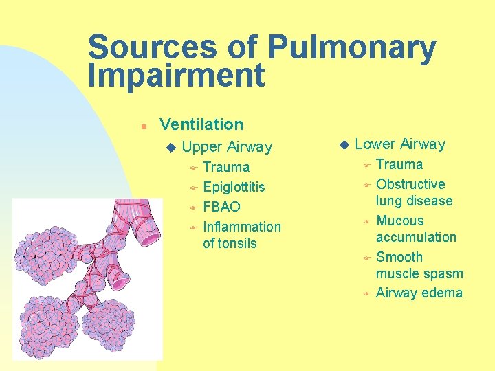 Sources of Pulmonary Impairment n Ventilation u Upper Airway Trauma F Epiglottitis F FBAO