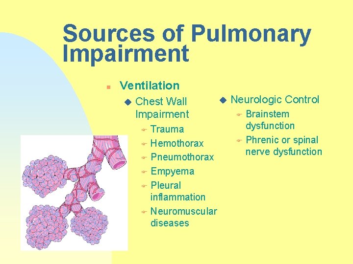 Sources of Pulmonary Impairment n Ventilation u Chest Wall Impairment Trauma F Hemothorax F