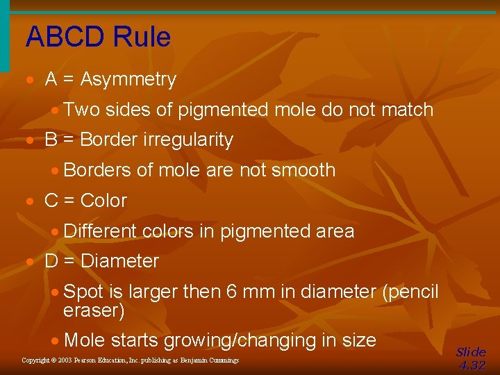 ABCD Rule · A = Asymmetry · Two sides of pigmented mole do not