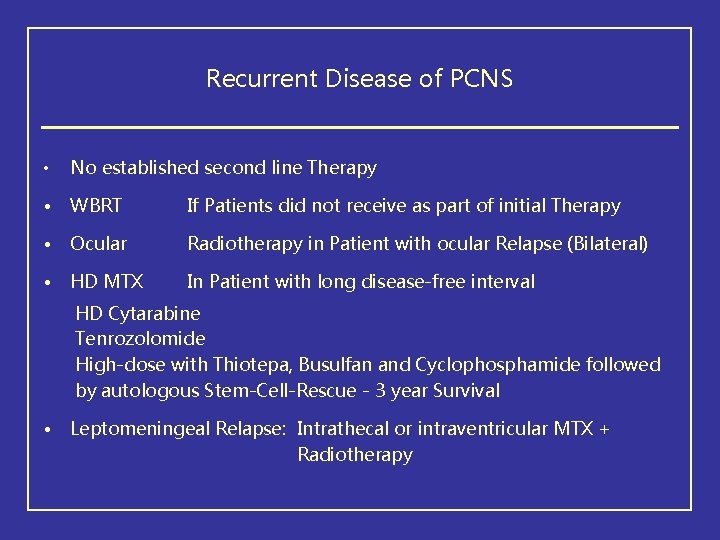 Recurrent Disease of PCNS • No established second line Therapy • WBRT If Patients