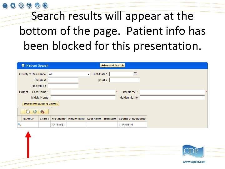 Search results will appear at the bottom of the page. Patient info has been