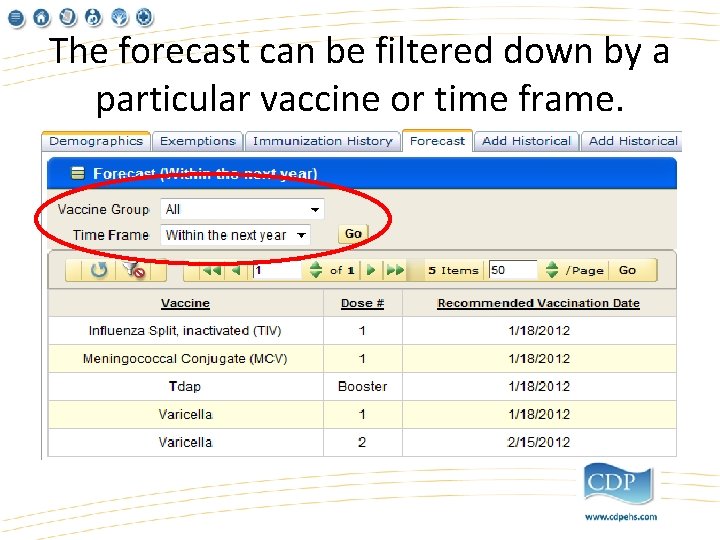 The forecast can be filtered down by a particular vaccine or time frame. 