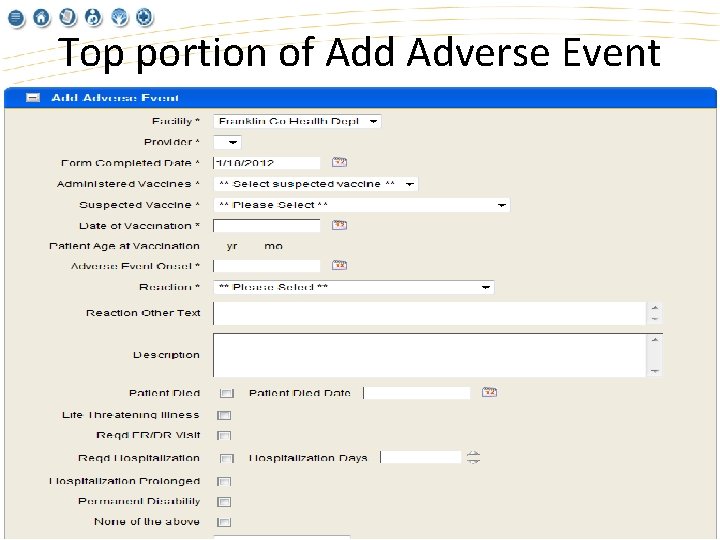 Top portion of Add Adverse Event 
