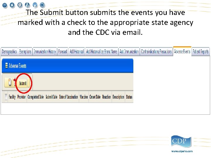 The Submit button submits the events you have marked with a check to the