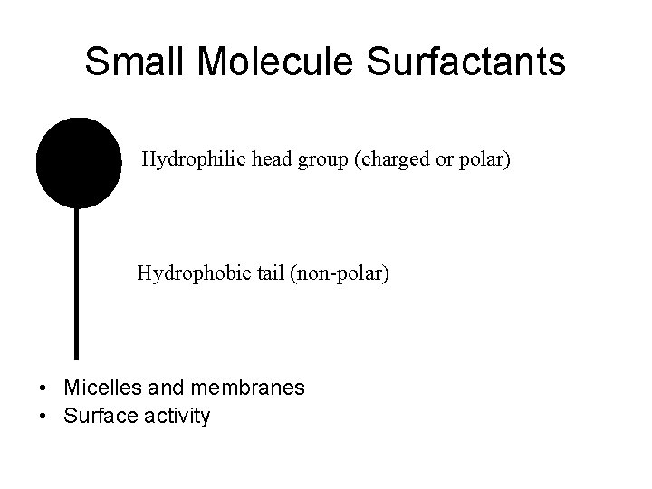 Small Molecule Surfactants Hydrophilic head group (charged or polar) Hydrophobic tail (non-polar) • Micelles