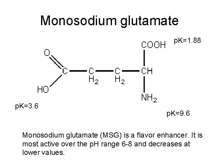 Monosodium glutamate p. K=1. 88 p. K=3. 6 p. K=9. 6 Monosodium glutamate (MSG)