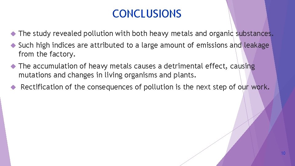 CONCLUSIONS The study revealed pollution with both heavy metals and organic substances. Such high