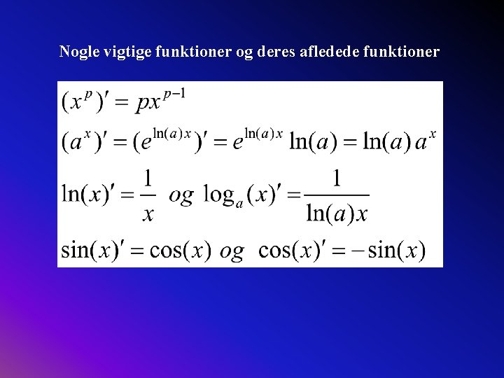 Nogle vigtige funktioner og deres afledede funktioner 