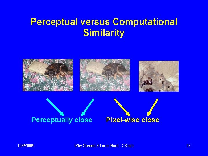 Perceptual versus Computational Similarity Perceptually close 10/9/2009 Pixel-wise close Why General AI is so
