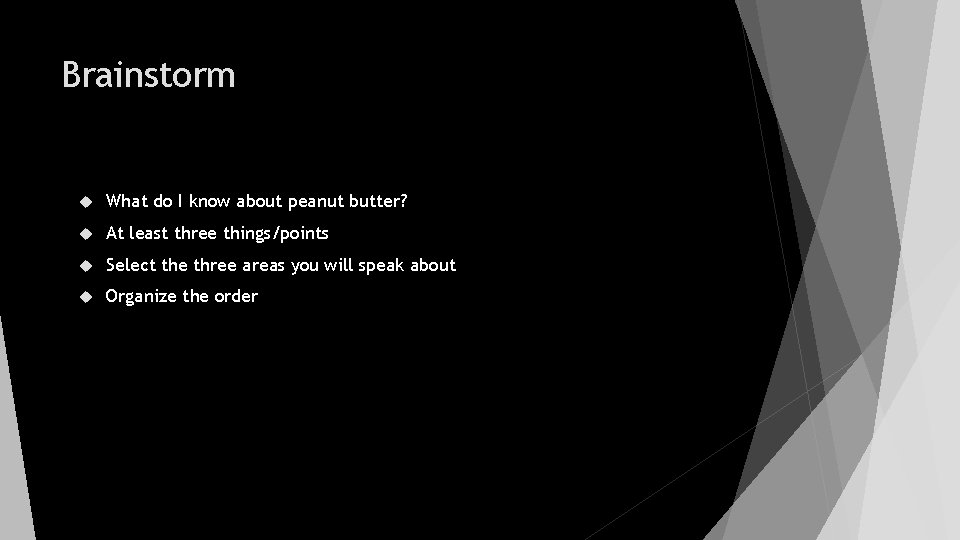 Brainstorm What do I know about peanut butter? At least three things/points Select the