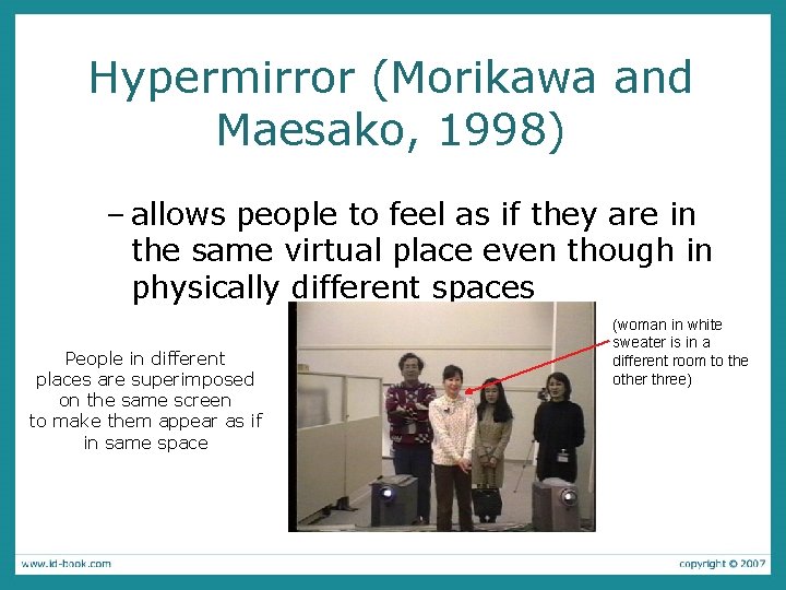 Hypermirror (Morikawa and Maesako, 1998) – allows people to feel as if they are