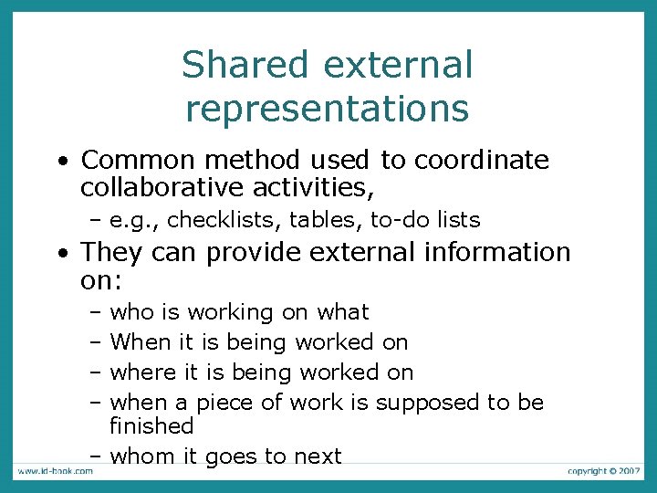 Shared external representations • Common method used to coordinate collaborative activities, – e. g.