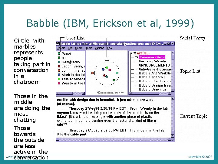 Babble (IBM, Erickson et al, 1999) Circle with marbles represents people taking part in