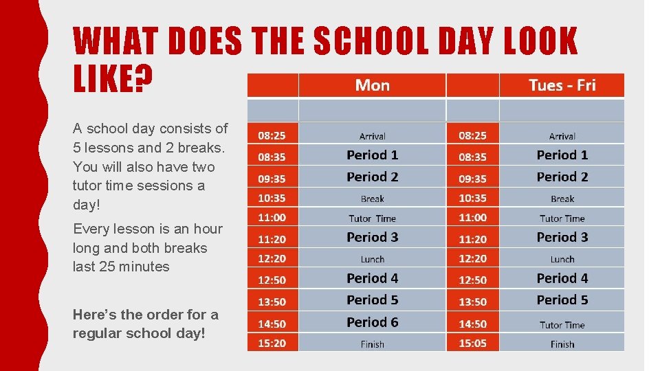 WHAT DOES THE SCHOOL DAY LOOK LIKE? A school day consists of 5 lessons