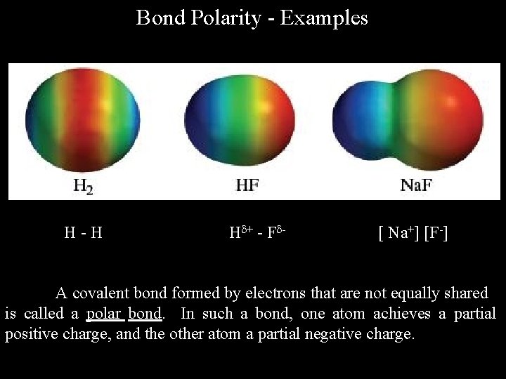 Bond Polarity - Examples H-H H + - F - [ Na+] [F-] A
