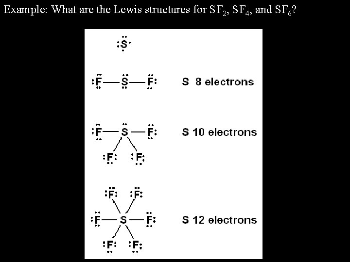 Example: What are the Lewis structures for SF 2, SF 4, and SF 6? Example: What are the Lewis structures for SF 2, SF 4, and SF 6?