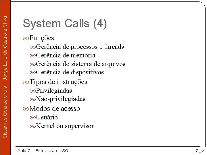 Sistemas Operacionais – Jorge Luiz de Castro e Silva System Calls (4) Funções Gerência