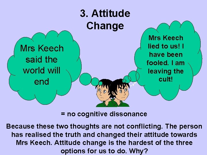 3. Attitude Change Mrs Keech said the world will end Mrs Keech lied to