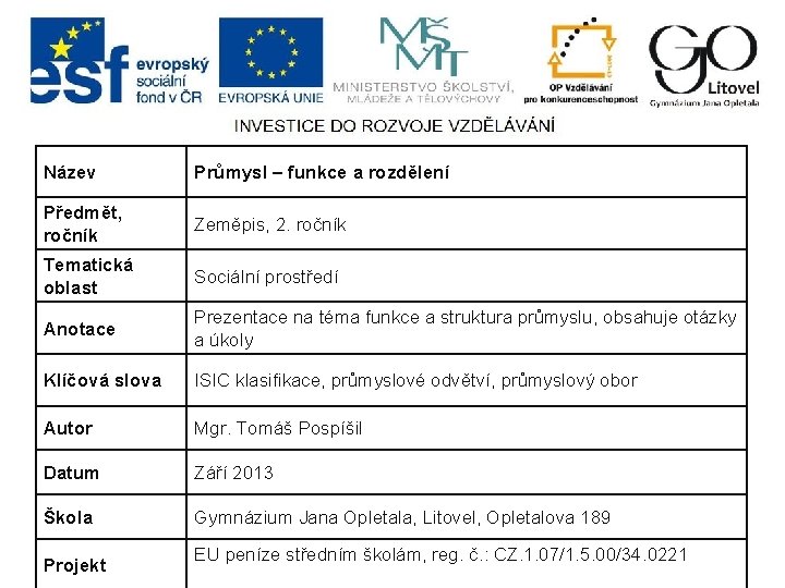 Název Průmysl – funkce a rozdělení Předmět, ročník Zeměpis, 2. ročník Tematická oblast Sociální