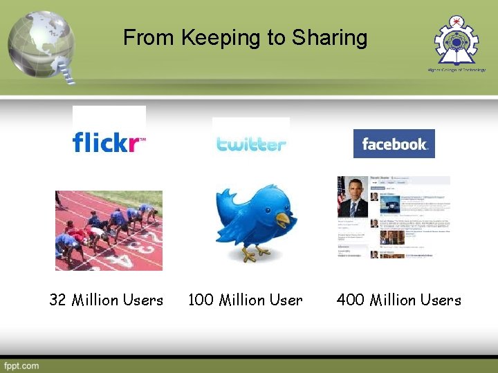 From Keeping to Sharing 32 Million Users 100 Million User 400 Million Users 