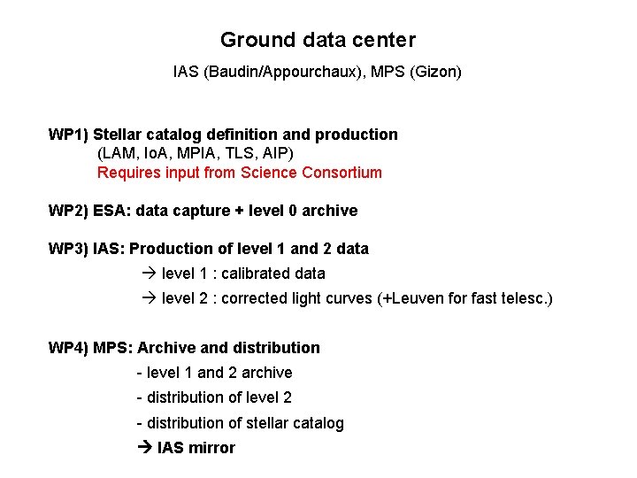 Ground data center IAS (Baudin/Appourchaux), MPS (Gizon) WP 1) Stellar catalog definition and production