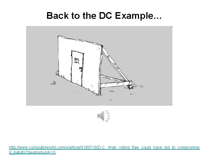 Back to the DC Example… http: //www. computerworld. com/s/article/9189718/D. C. _Web_voting_flaw_could_have_led_to_compromise d_ballots? taxonomy. Id=13 Back to the DC Example… http: //www. computerworld. com/s/article/9189718/D. C. _Web_voting_flaw_could_have_led_to_compromise d_ballots? taxonomy. Id=13
