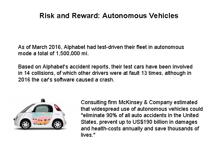 Risk and Reward: Autonomous Vehicles As of March 2016, Alphabet had test-driven their fleet