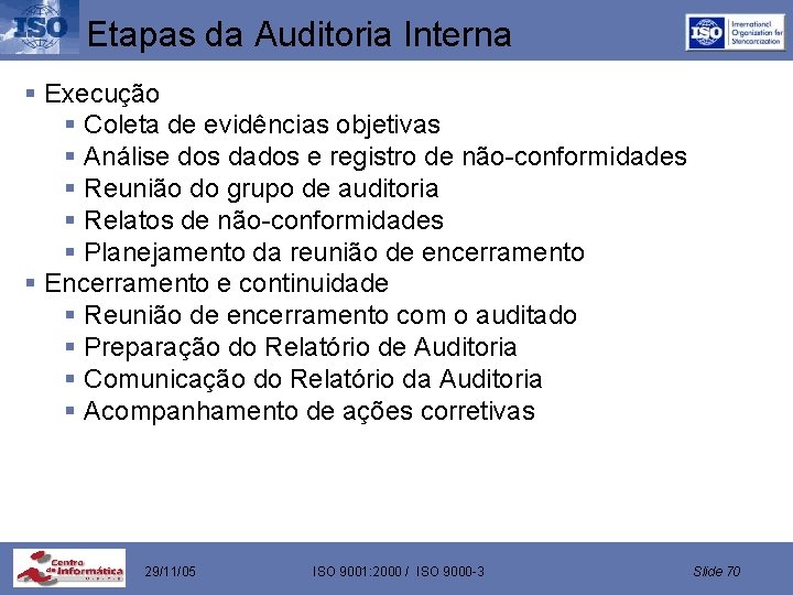 Etapas da Auditoria Interna § Execução § Coleta de evidências objetivas § Análise dos