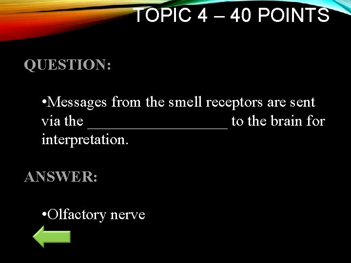 TOPIC 4 – 40 POINTS QUESTION: • Messages from the smell receptors are sent