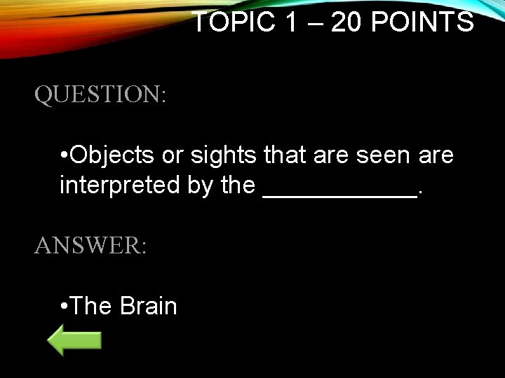 TOPIC 1 – 20 POINTS QUESTION: • Objects or sights that are seen are