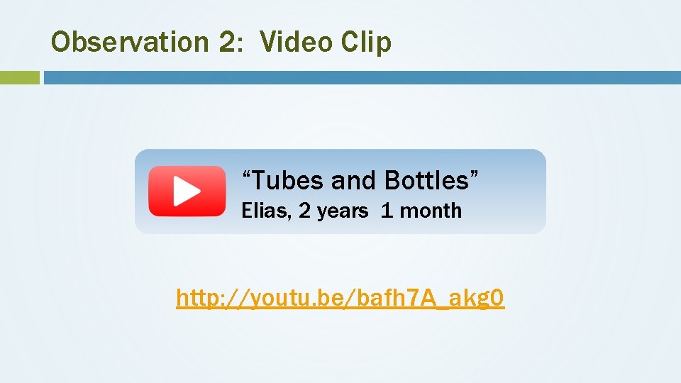 Observation 2: Video Clip “Tubes and Bottles” Elias, 2 years 1 month http: //youtu.