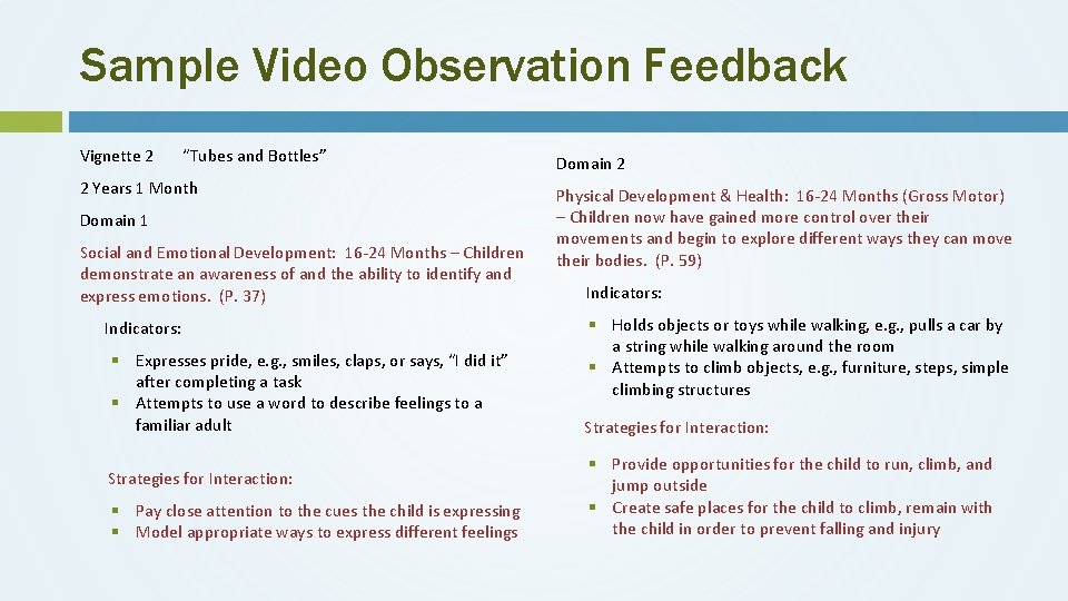 Sample Video Observation Feedback Vignette 2 “Tubes and Bottles” 2 Years 1 Month Domain