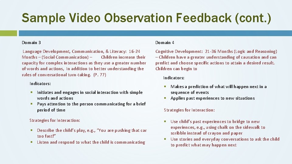 Sample Video Observation Feedback (cont. ) Domain 3 Domain 4 Language Development, Communication, &