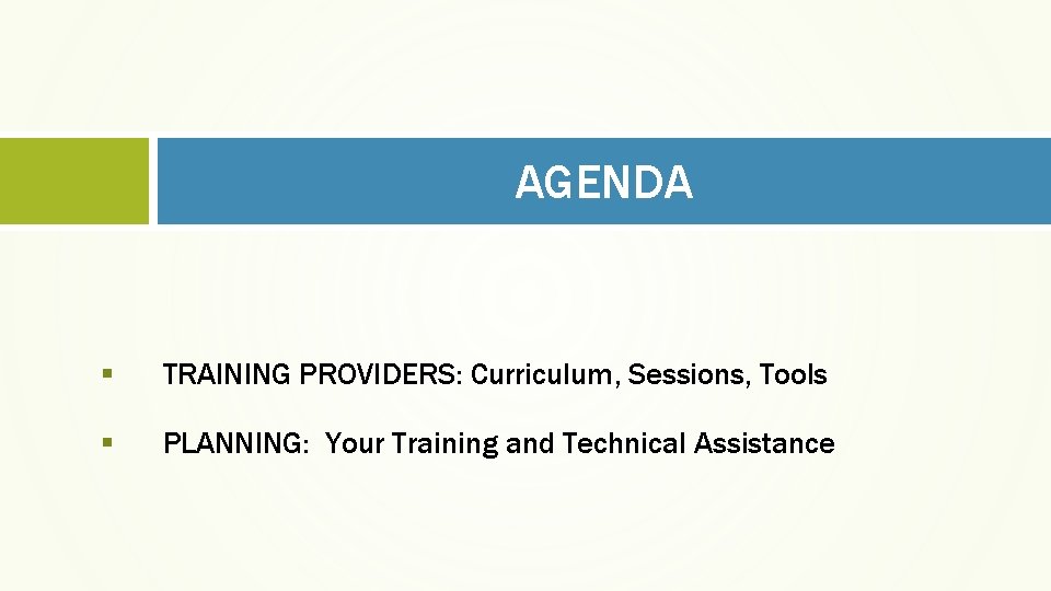 AGENDA § TRAINING PROVIDERS: Curriculum, Sessions, Tools § PLANNING: Your Training and Technical Assistance