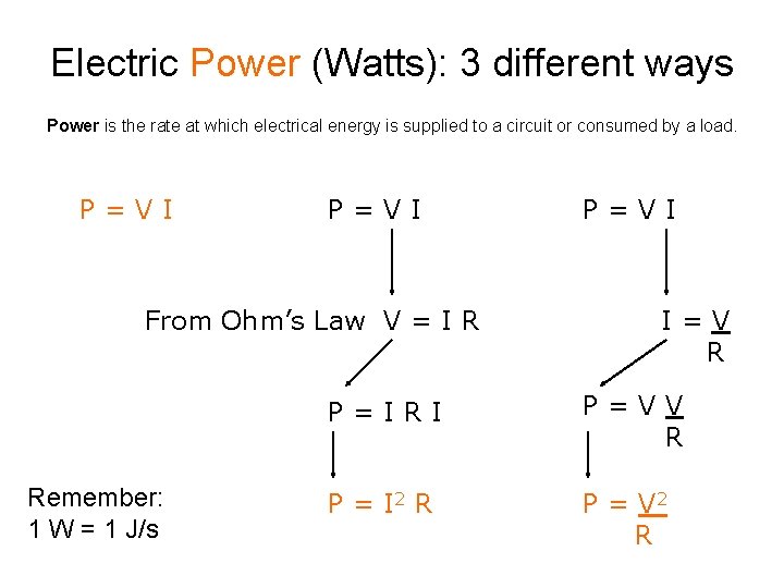Electric Power (Watts): 3 different ways Power is the rate at which electrical energy