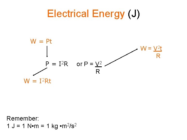 Electrical Energy (J) W = Pt P = I 2 R W = I