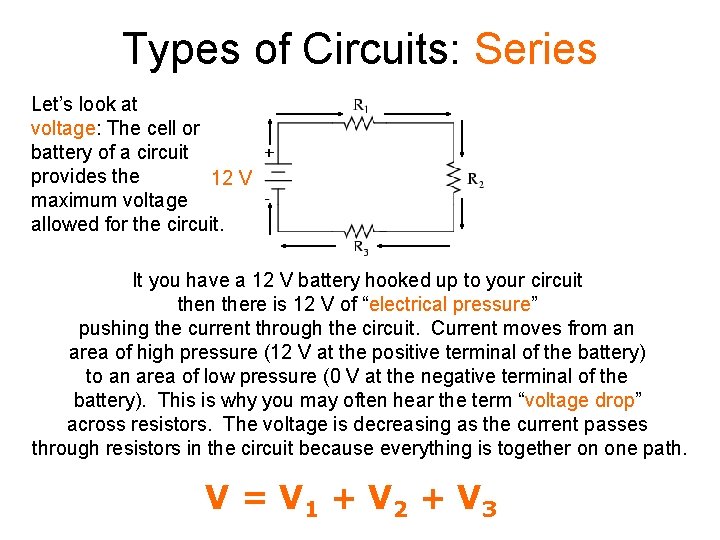 Types of Circuits: Series Let’s look at voltage: The cell or battery of a