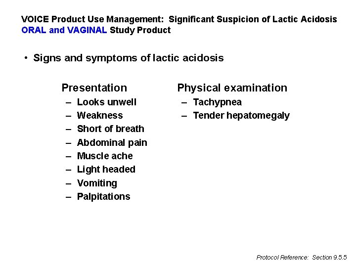 VOICE Product Use Management: Significant Suspicion of Lactic Acidosis ORAL and VAGINAL Study Product