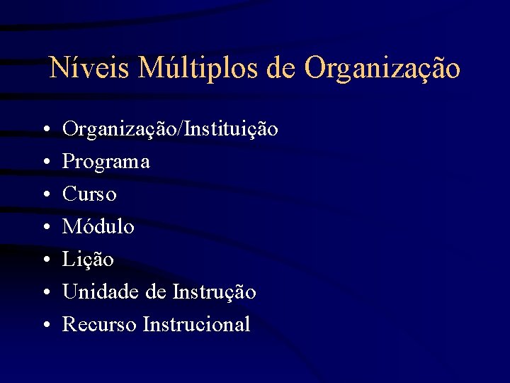 Níveis Múltiplos de Organização • • Organização/Instituição Programa Curso Módulo Lição Unidade de Instrução