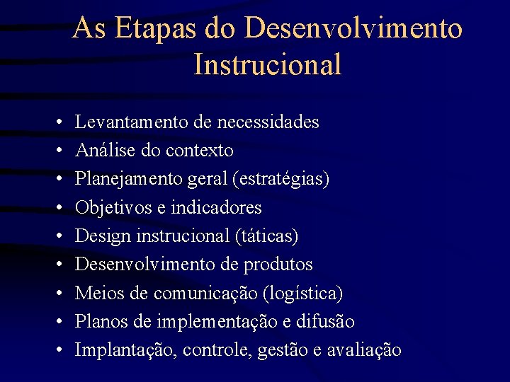 As Etapas do Desenvolvimento Instrucional • • • Levantamento de necessidades Análise do contexto