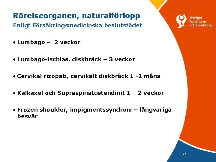 Rörelseorganen, naturalförlopp Enligt Försäkringsmedicinska beslutstödet • Lumbago – 2 veckor • Lumbago-ischias, diskbråck –