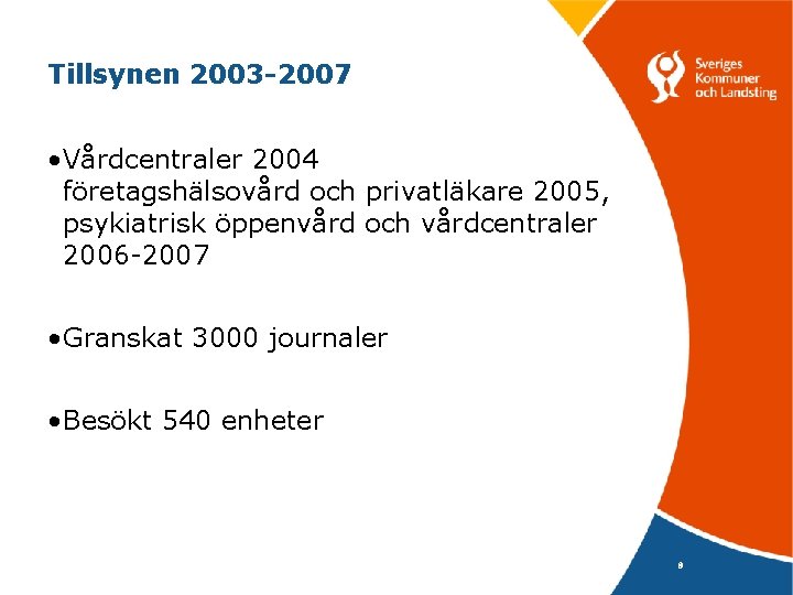 Tillsynen 2003 -2007 • Vårdcentraler 2004 företagshälsovård och privatläkare 2005, psykiatrisk öppenvård och vårdcentraler